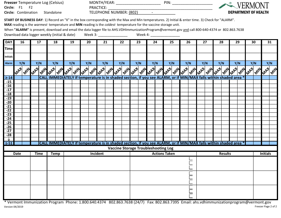 Refrigerator / Freezer Temperature Log - Vermont, Page 4