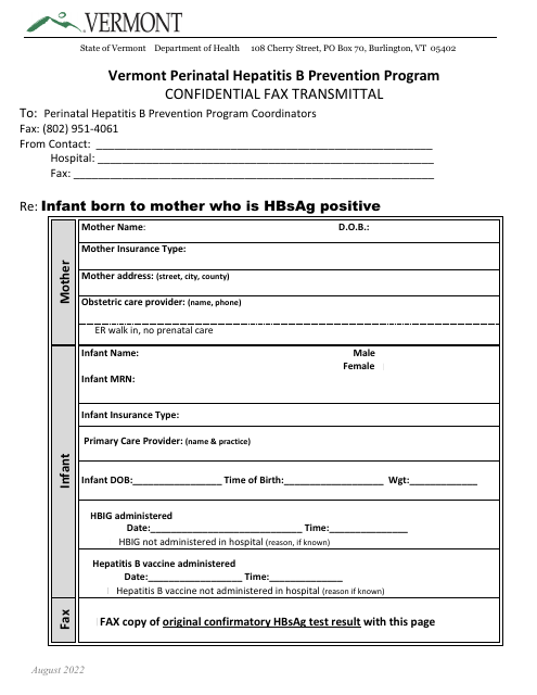 Confidential Fax Transmittal - Vermont Perinatal Hepatitis B Prevention Program - Vermont Download Pdf