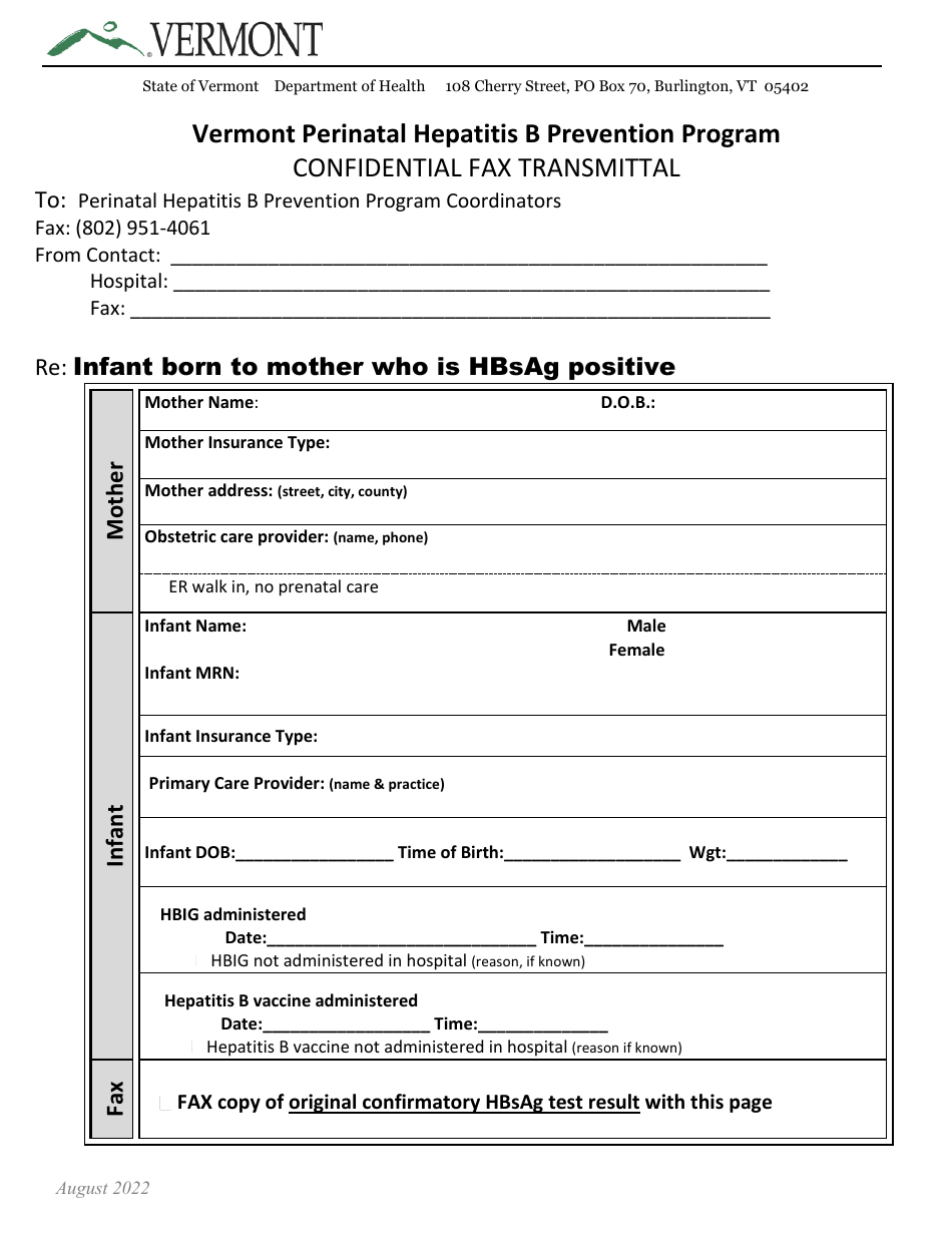 Vermont Confidential Fax Transmittal - Vermont Perinatal Hepatitis B ...