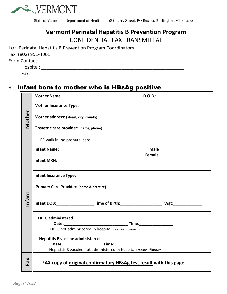 Confidential Fax Transmittal - Vermont Perinatal Hepatitis B Prevention Program - Vermont, Page 1