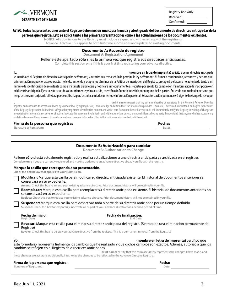 Directriz Anticipada Para La Atencion Medica De Vermont - Vermont (English / Spanish), Page 10