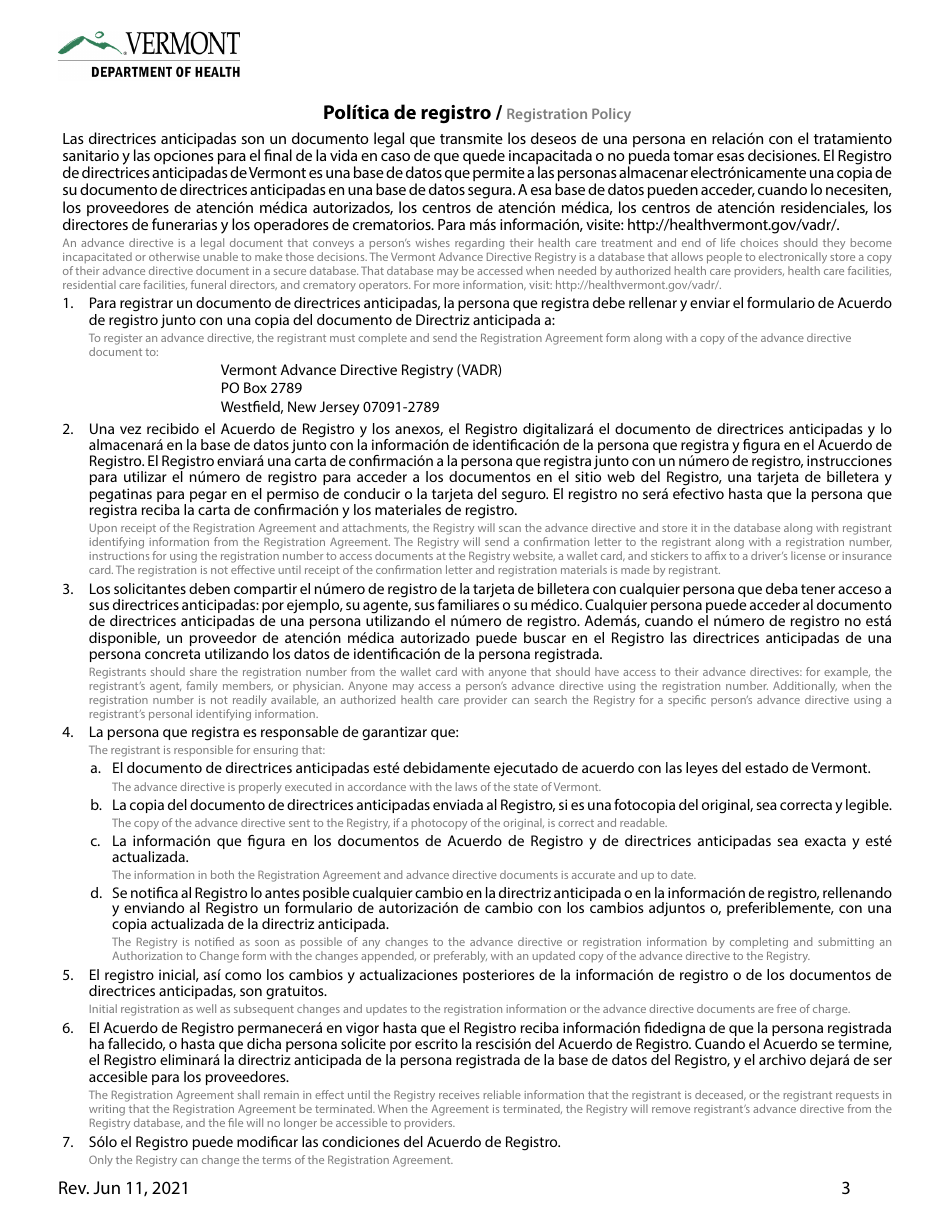 Directriz Anticipada Para La Atencion Medica De Vermont - Vermont (English / Spanish), Page 11
