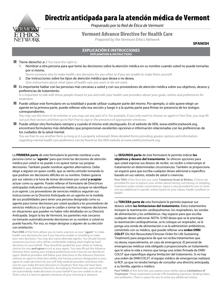 Directriz Anticipada Para La Atencion Medica De Vermont - Vermont (English / Spanish), Page 1