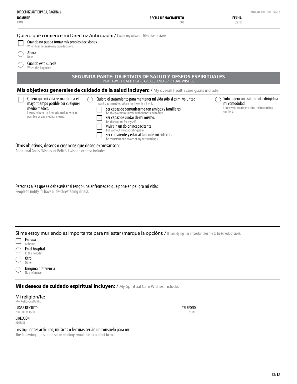 Directriz Anticipada Para La Atencion Medica De Vermont - Vermont (English / Spanish), Page 4