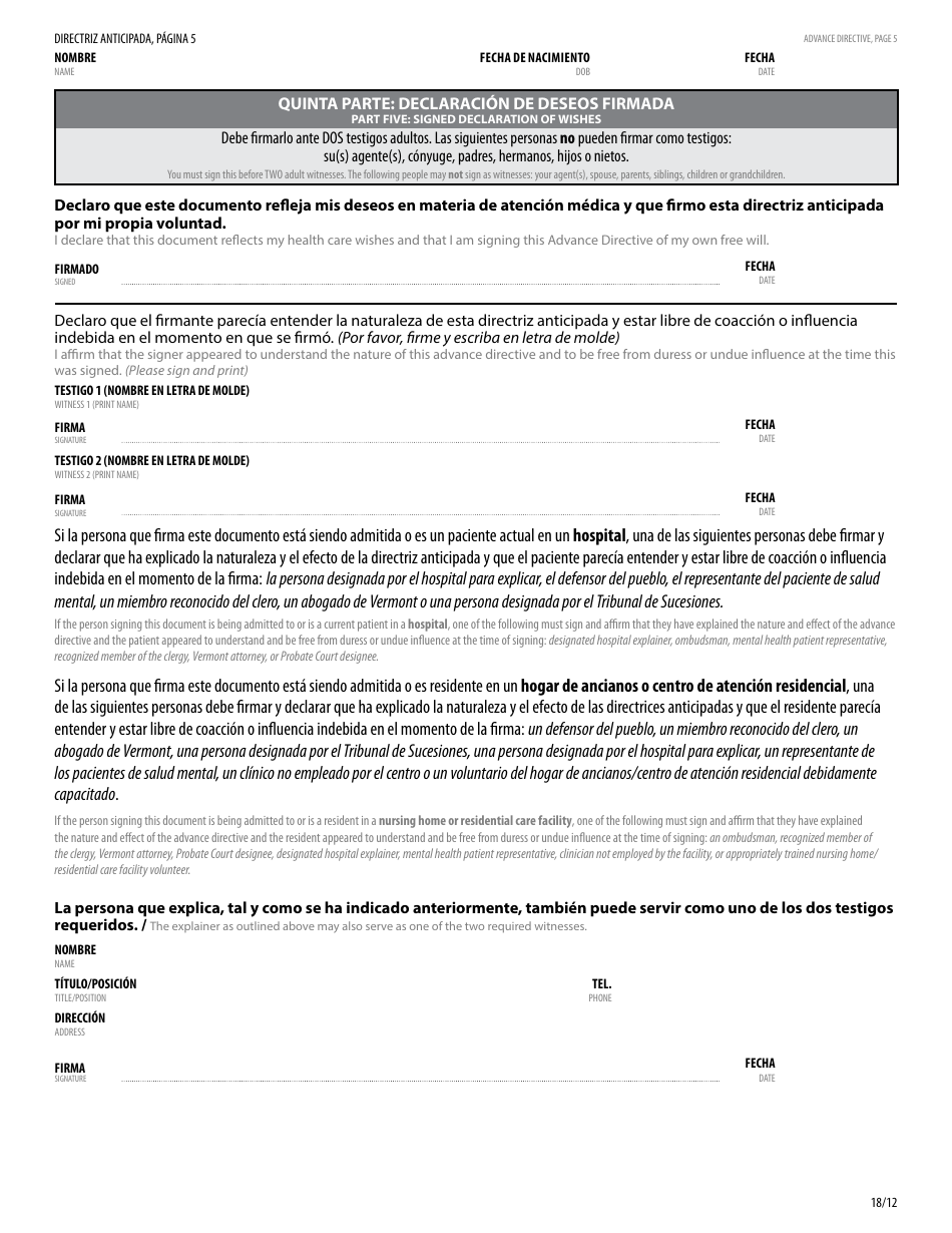 Directriz Anticipada Para La Atencion Medica De Vermont - Vermont (English / Spanish), Page 7