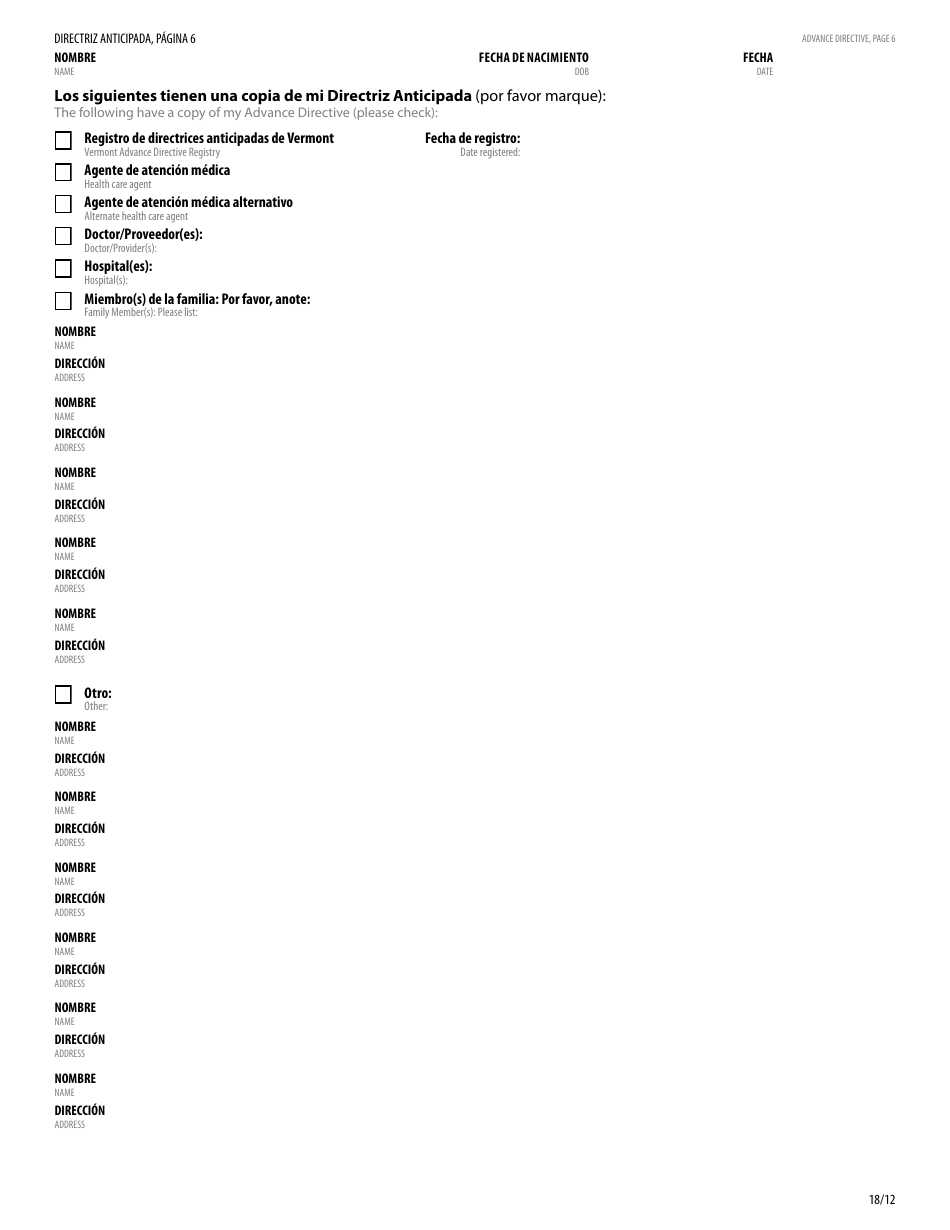 Directriz Anticipada Para La Atencion Medica De Vermont - Vermont (English / Spanish), Page 8