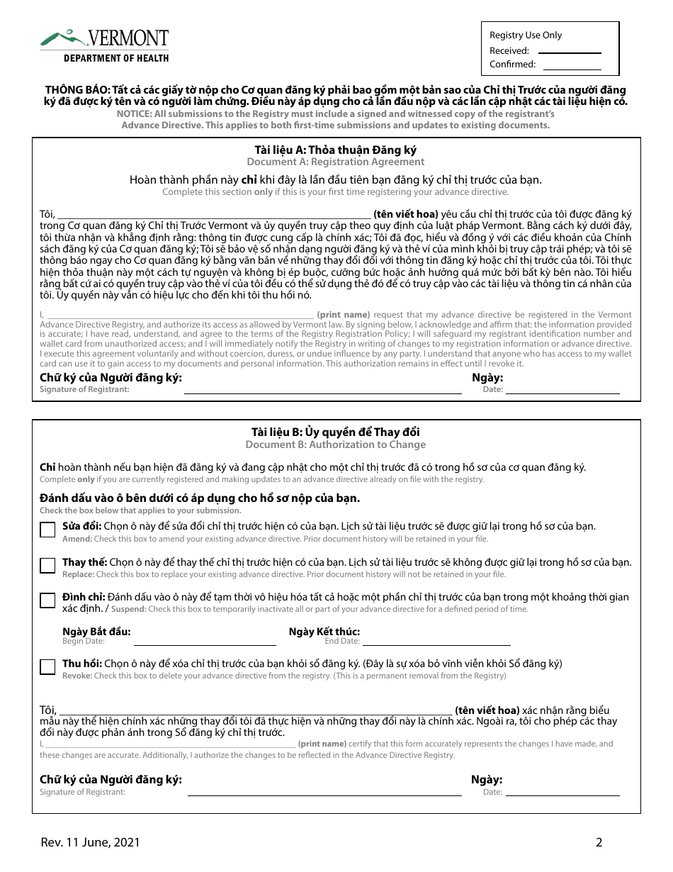 Vermont Advance Directive Short Form (English/Vietnamese) Fill Out
