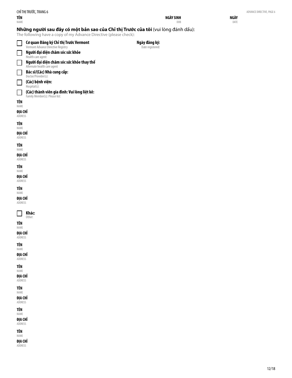 Advance Directive Short Form - Vermont (English / Vietnamese), Page 8
