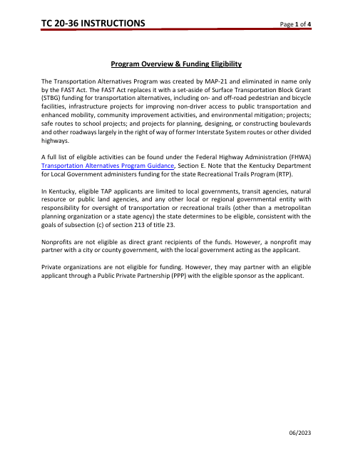 Instructions for Form TC20-36 Transportation Alternatives Program (Tap) Application - Kentucky