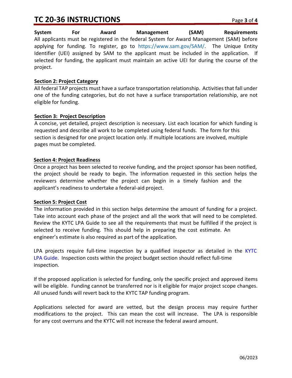 Instructions for Form TC20-36 Transportation Alternatives Program (Tap) Application - Kentucky, Page 3
