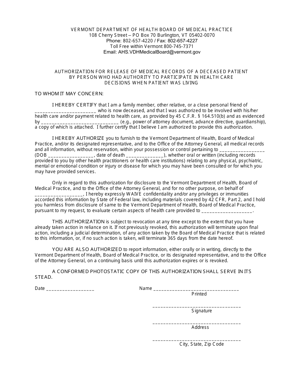 Vermont Authorization for Release of Medical Records of a Deceased