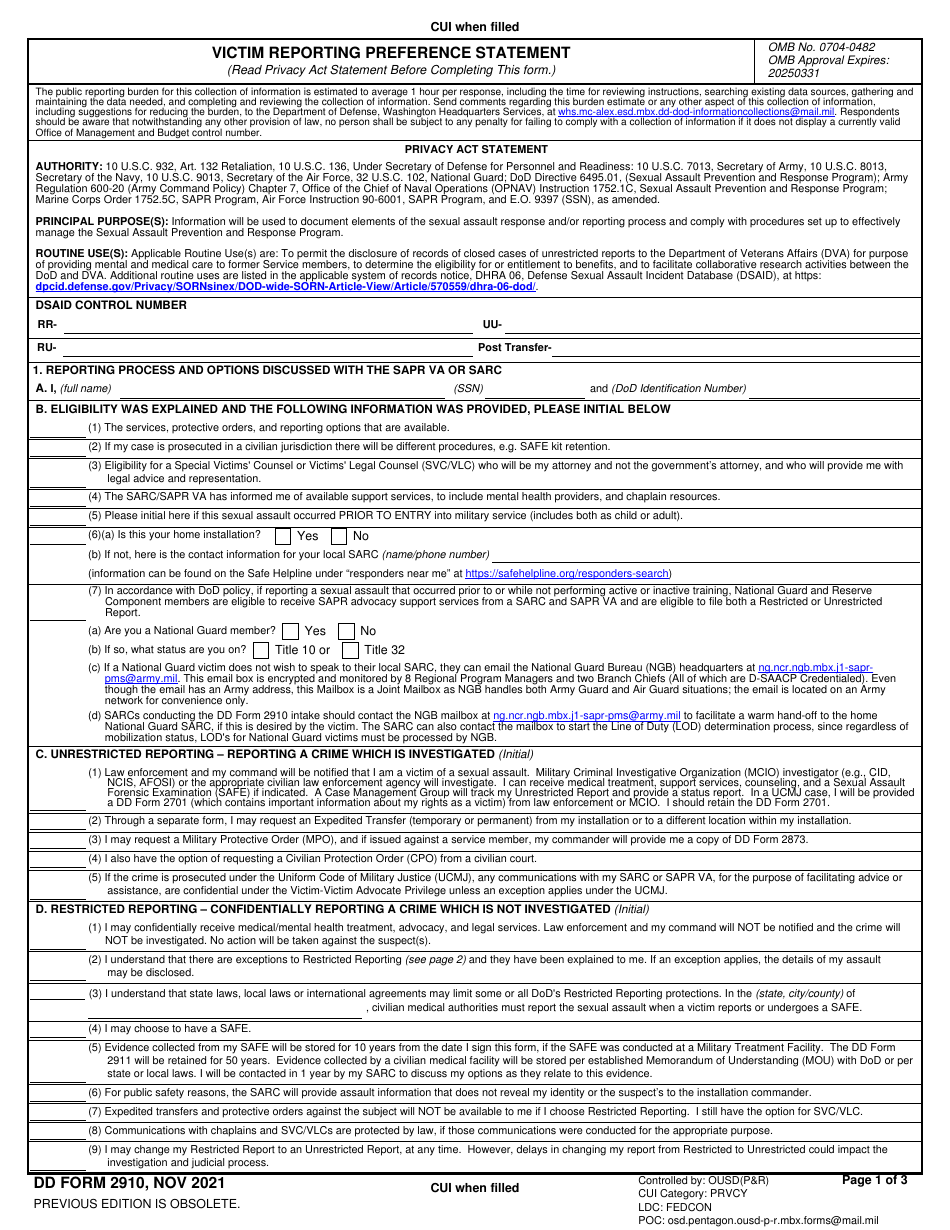 DD Form 2910 Victim Reporting Preference Statement, Page 1