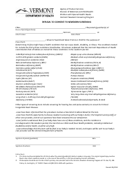 Document preview: Refusal to Consent to Newborn Screening - Vermont