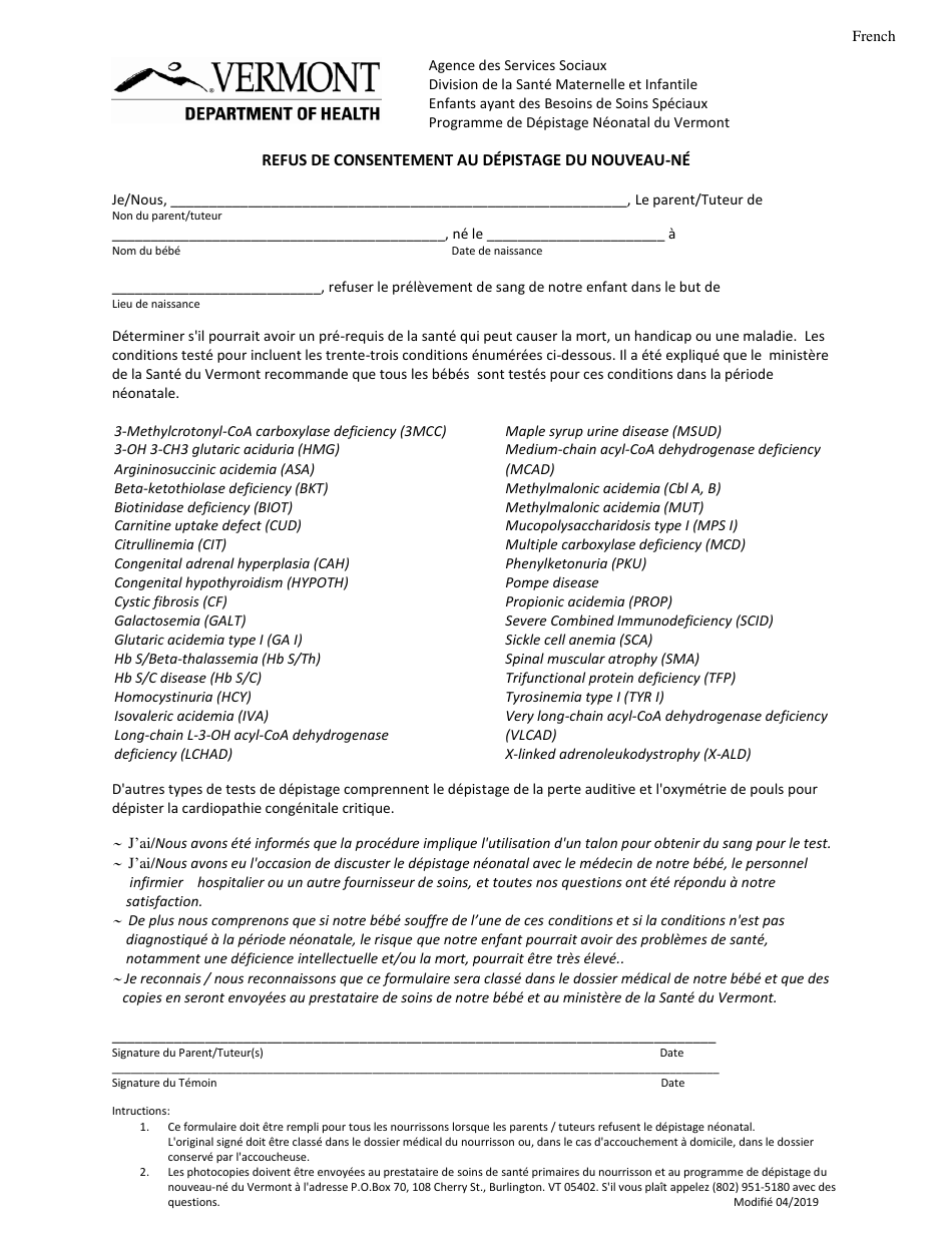 Refusal to Consent to Newborn Screening - Vermont (French), Page 1