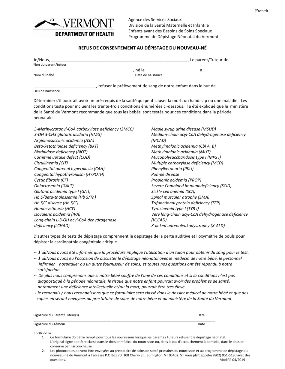 Vermont Refusal to Consent to Newborn Screening (French) Fill Out