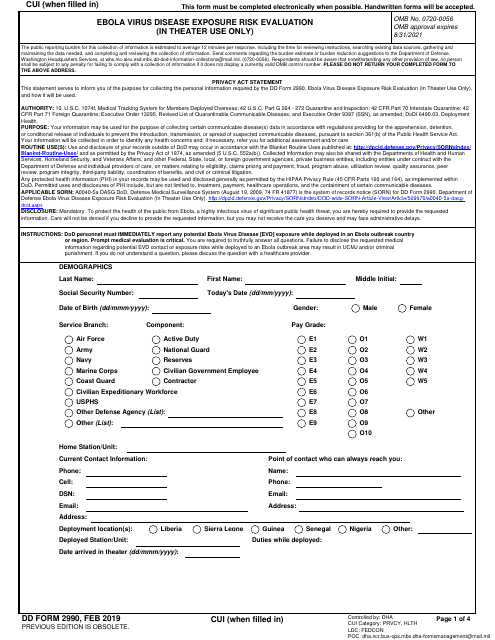 DD Form 2990 Ebola Virus Disease Exposure Risk Evaluation (In Theater Use Only)