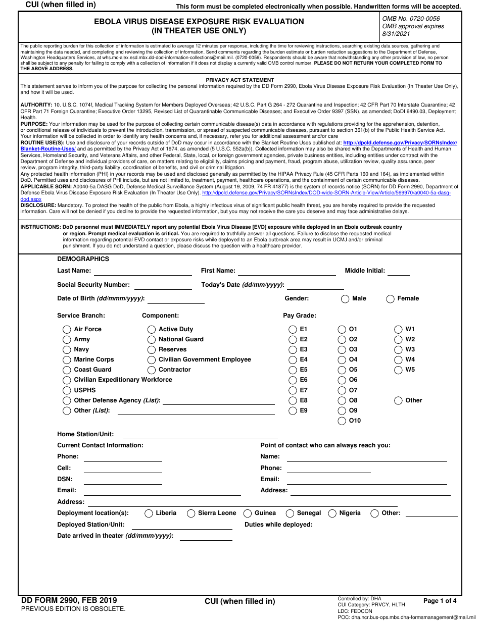 DD Form 2990 Ebola Virus Disease Exposure Risk Evaluation (In Theater Use Only), Page 1