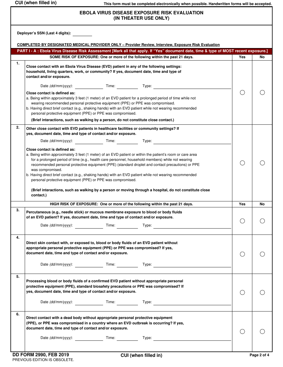 DD Form 2990 Ebola Virus Disease Exposure Risk Evaluation (In Theater Use Only), Page 2
