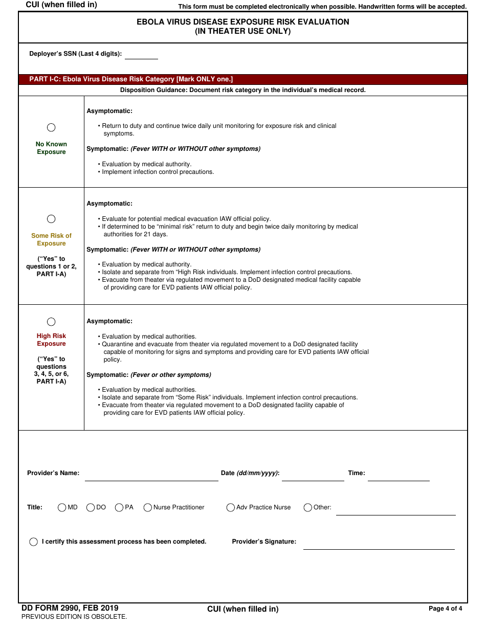DD Form 2990 Ebola Virus Disease Exposure Risk Evaluation (In Theater Use Only), Page 4