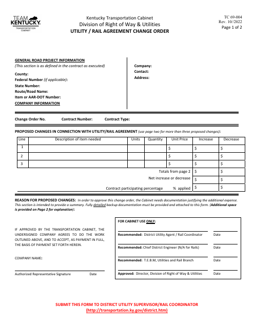 Form TC69-004 Utility/Rail Agreement Change Order - Kentucky