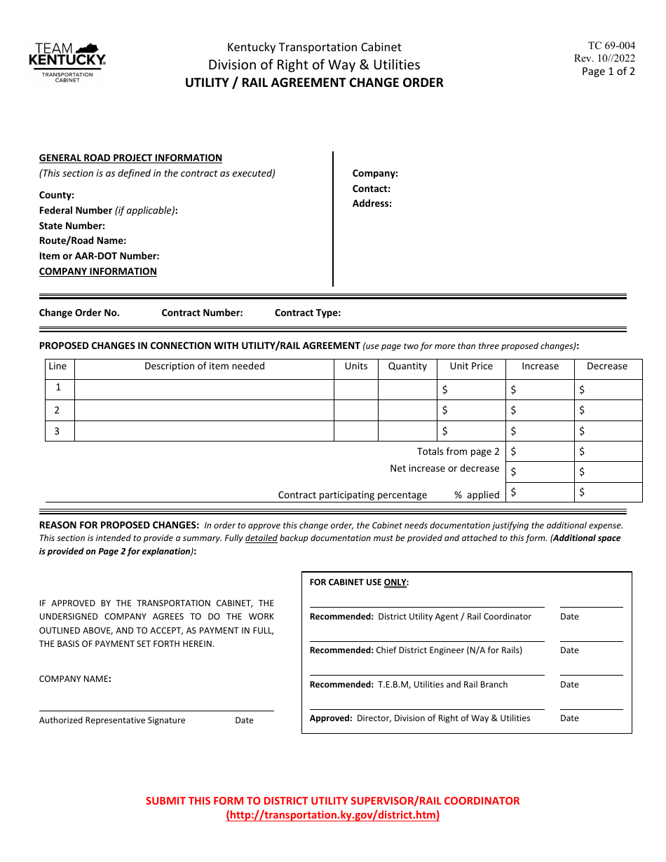 Form TC69-004 Utility / Rail Agreement Change Order - Kentucky, Page 1