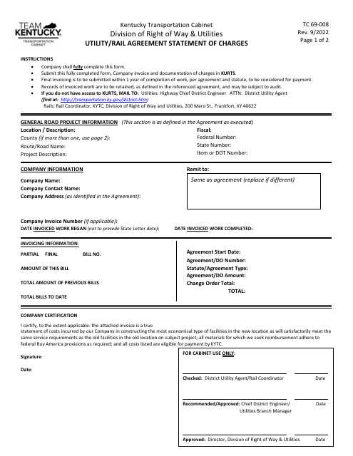 Form TC-69-008 Utility/Rail Agreement Statement of Charges - Kentucky