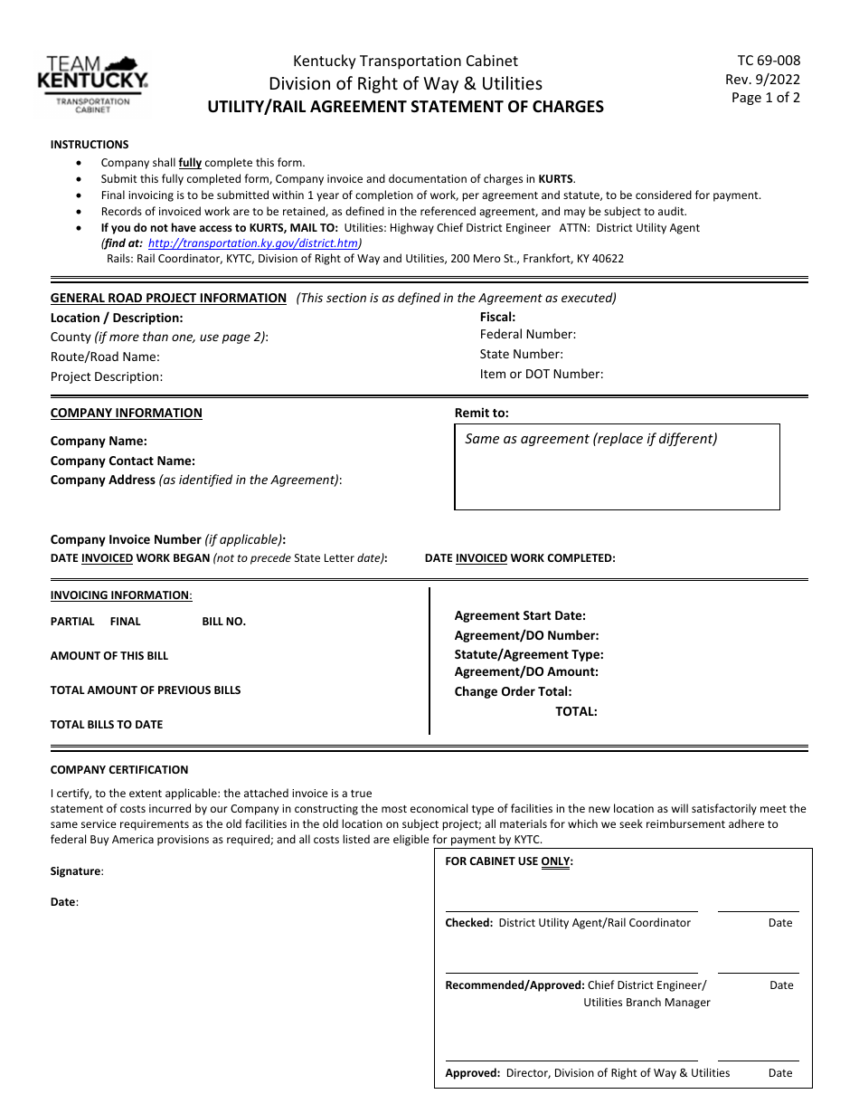 Form TC-69-008 Utility / Rail Agreement Statement of Charges - Kentucky, Page 1