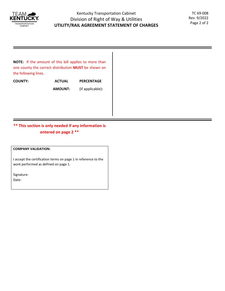 Form TC-69-008 Utility / Rail Agreement Statement of Charges - Kentucky, Page 2