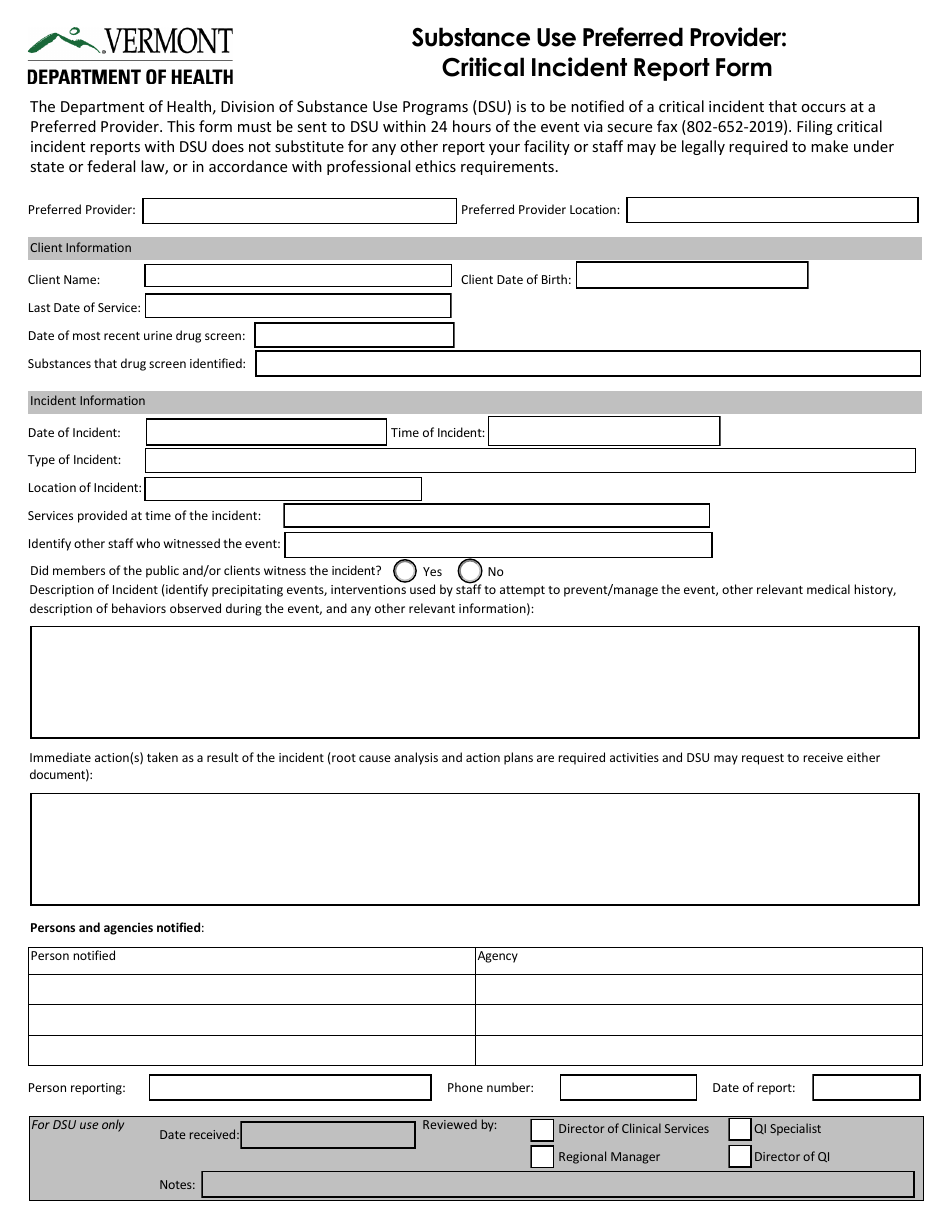 Substance Use Preferred Provider: Critical Incident Report Form - Vermont, Page 1