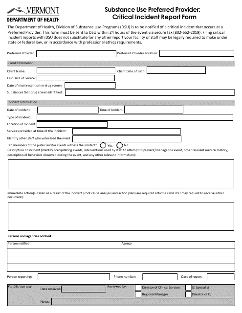 Substance Use Preferred Provider: Critical Incident Report Form - Vermont Download Pdf