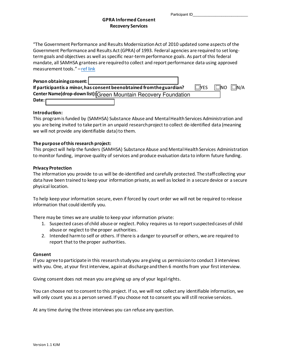 Gpra Informed Consent Recovery Services - Vermont, Page 1