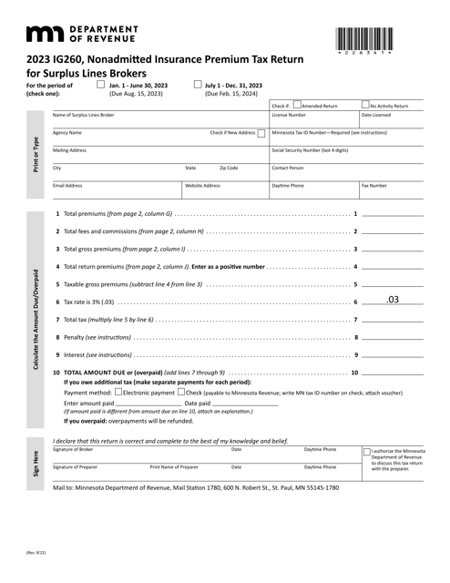 Form IG260 Nonadmitted Insurance Premium Tax Return for Surplus Lines Brokers - Minnesota, 2023