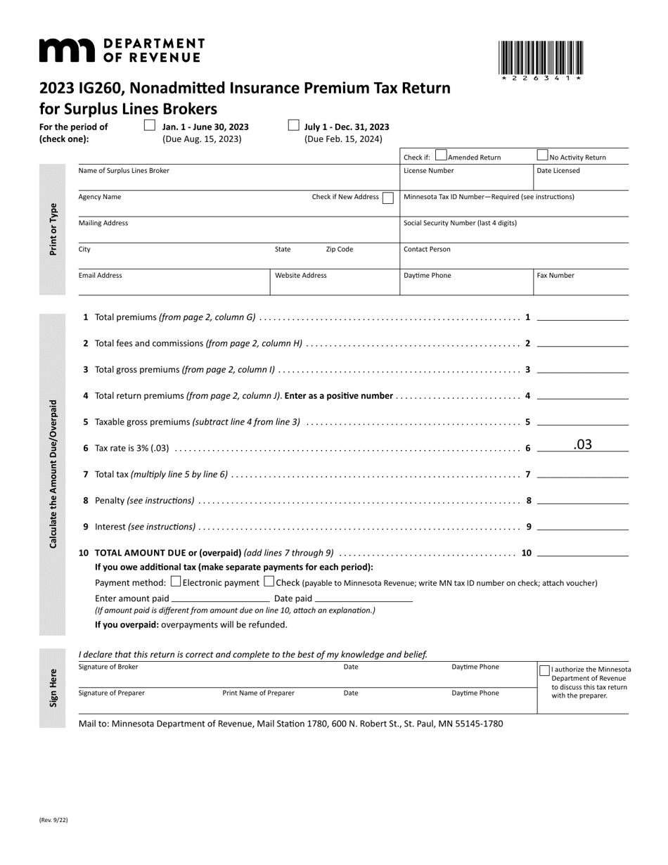 Form IG260 Nonadmitted Insurance Premium Tax Return for Surplus Lines Brokers - Minnesota, Page 1