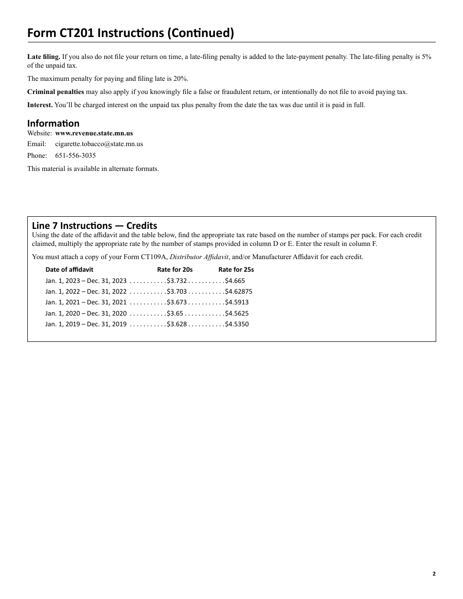 Form CT201 Cigarette Tax Monthly Return - Minnesota, Page 3
