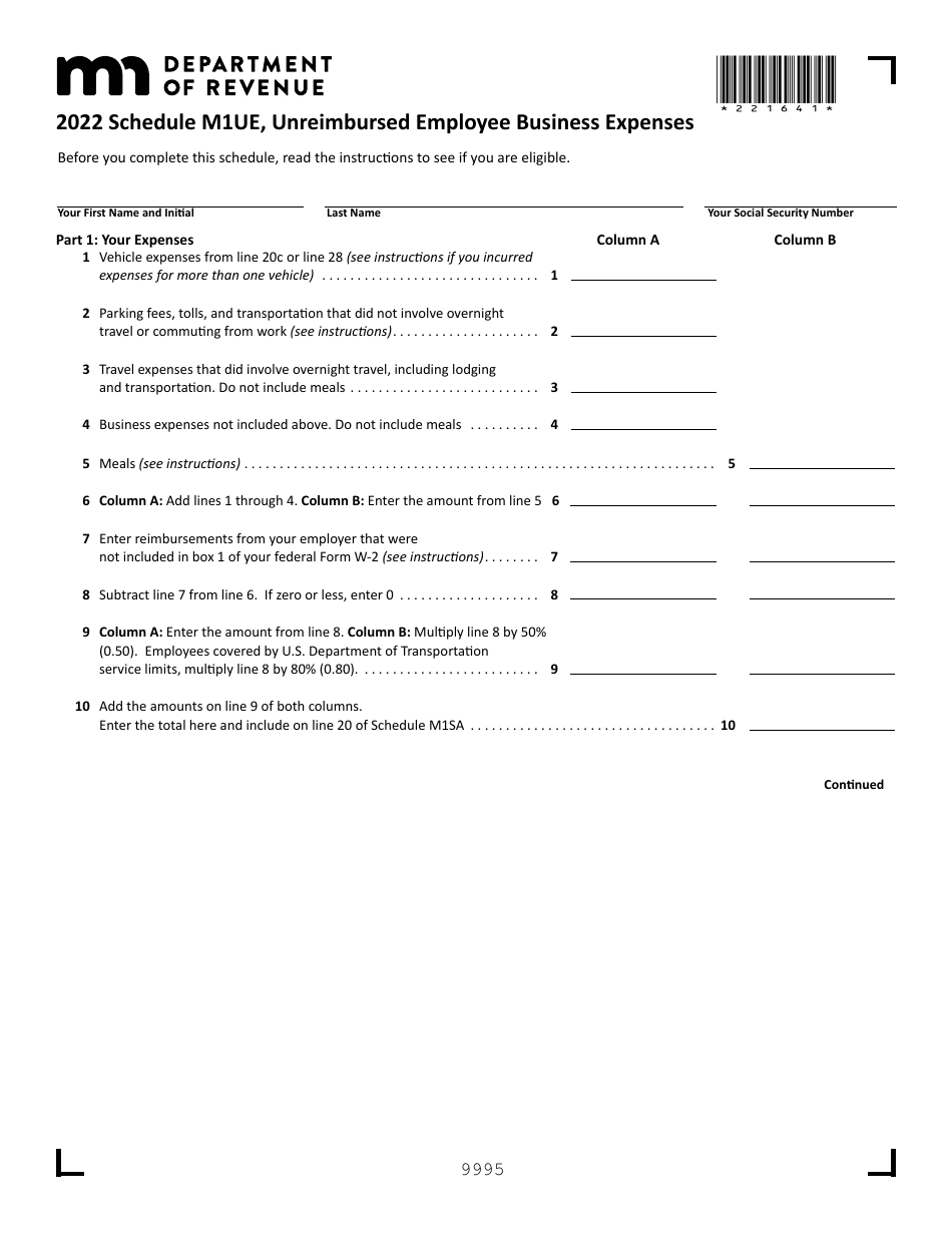 Schedule M1UE Unreimbursed Employee Business Expenses - Minnesota, Page 1