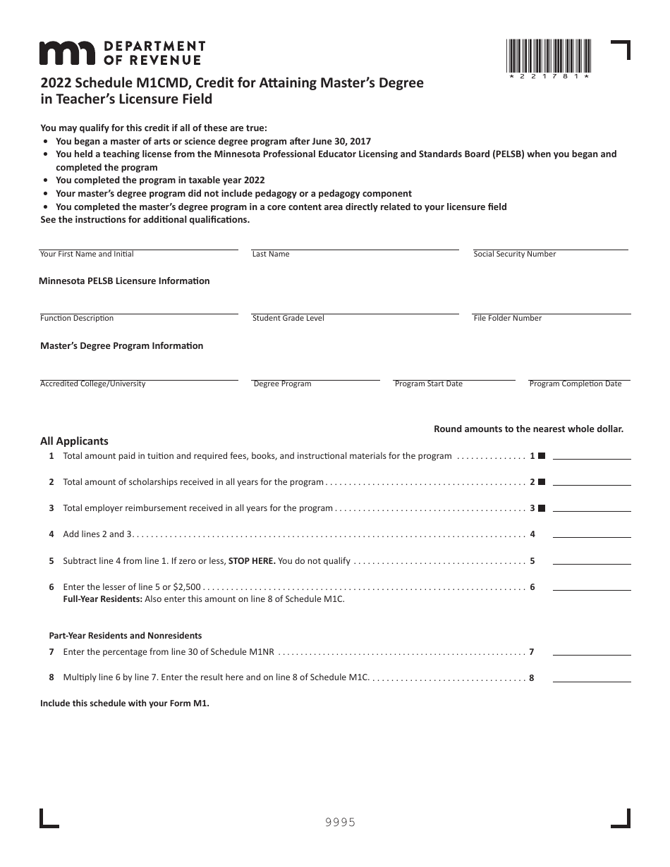 Schedule M1CMD Credit for Attaining Masters Degree in Teachers Licensure Field - Minnesota, Page 1