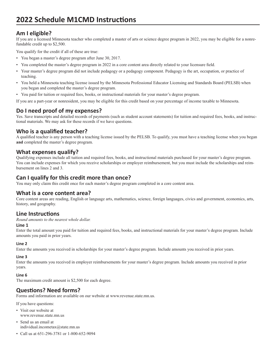 Schedule M1CMD Credit for Attaining Masters Degree in Teachers Licensure Field - Minnesota, Page 2