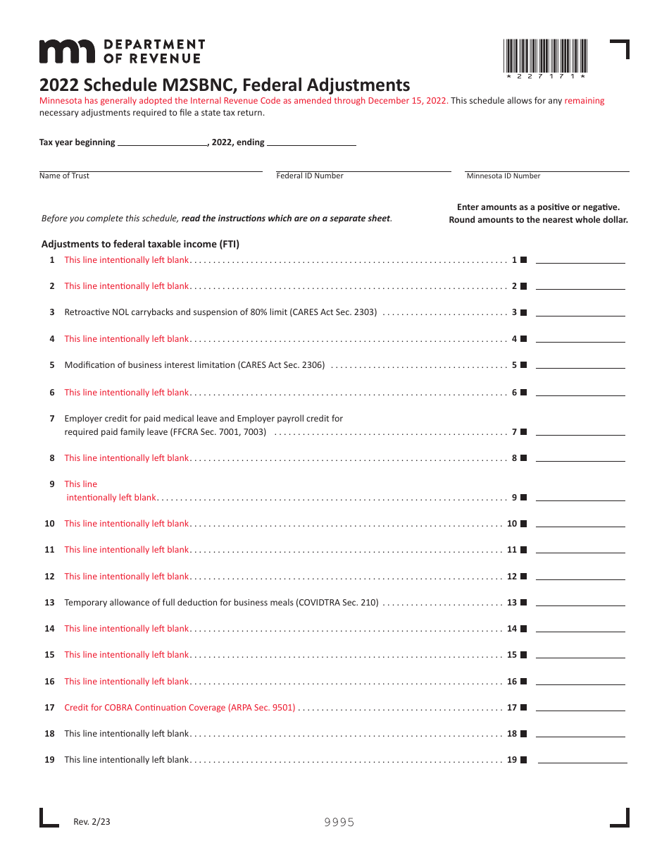 Schedule M2SBNC Federal Adjustments - Minnesota, Page 1