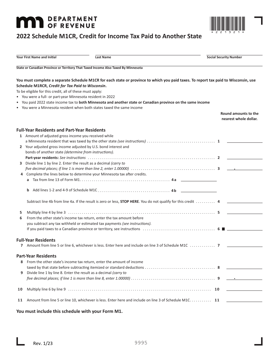 Schedule M1CR Credit for Income Tax Paid to Another State - Minnesota, Page 1