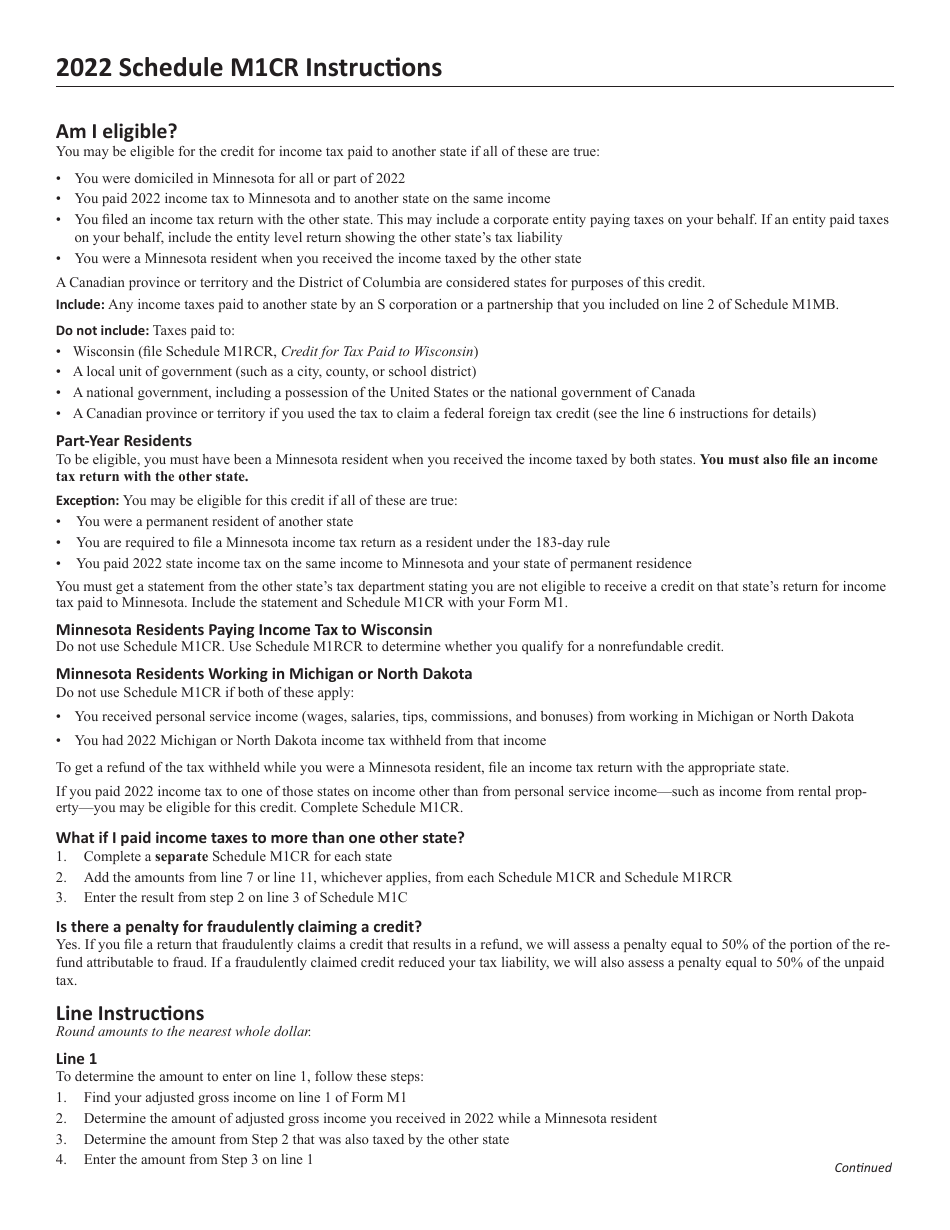 Schedule M1CR Credit for Income Tax Paid to Another State - Minnesota, Page 2