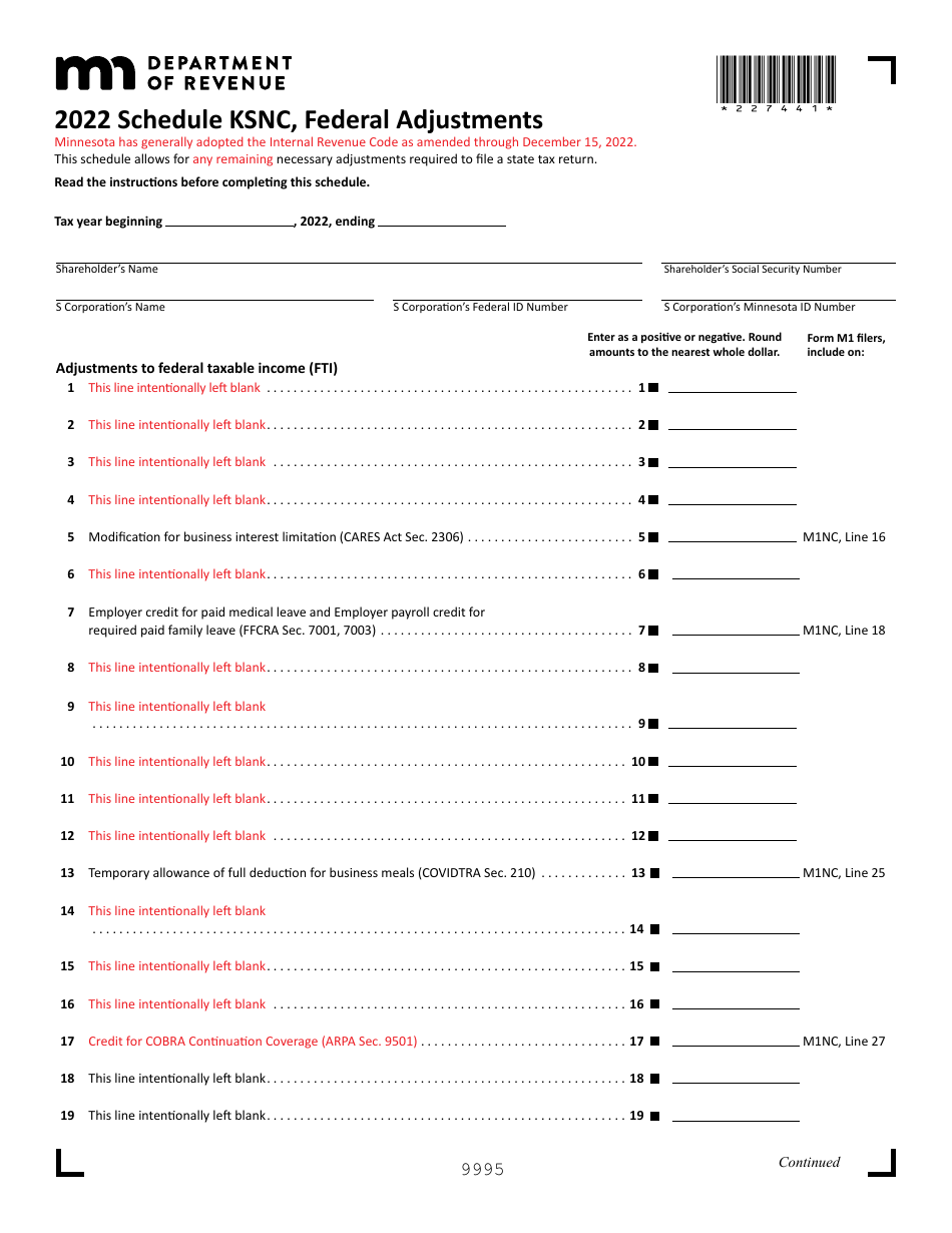 Schedule KSNC Federal Adjustments - Minnesota, Page 1