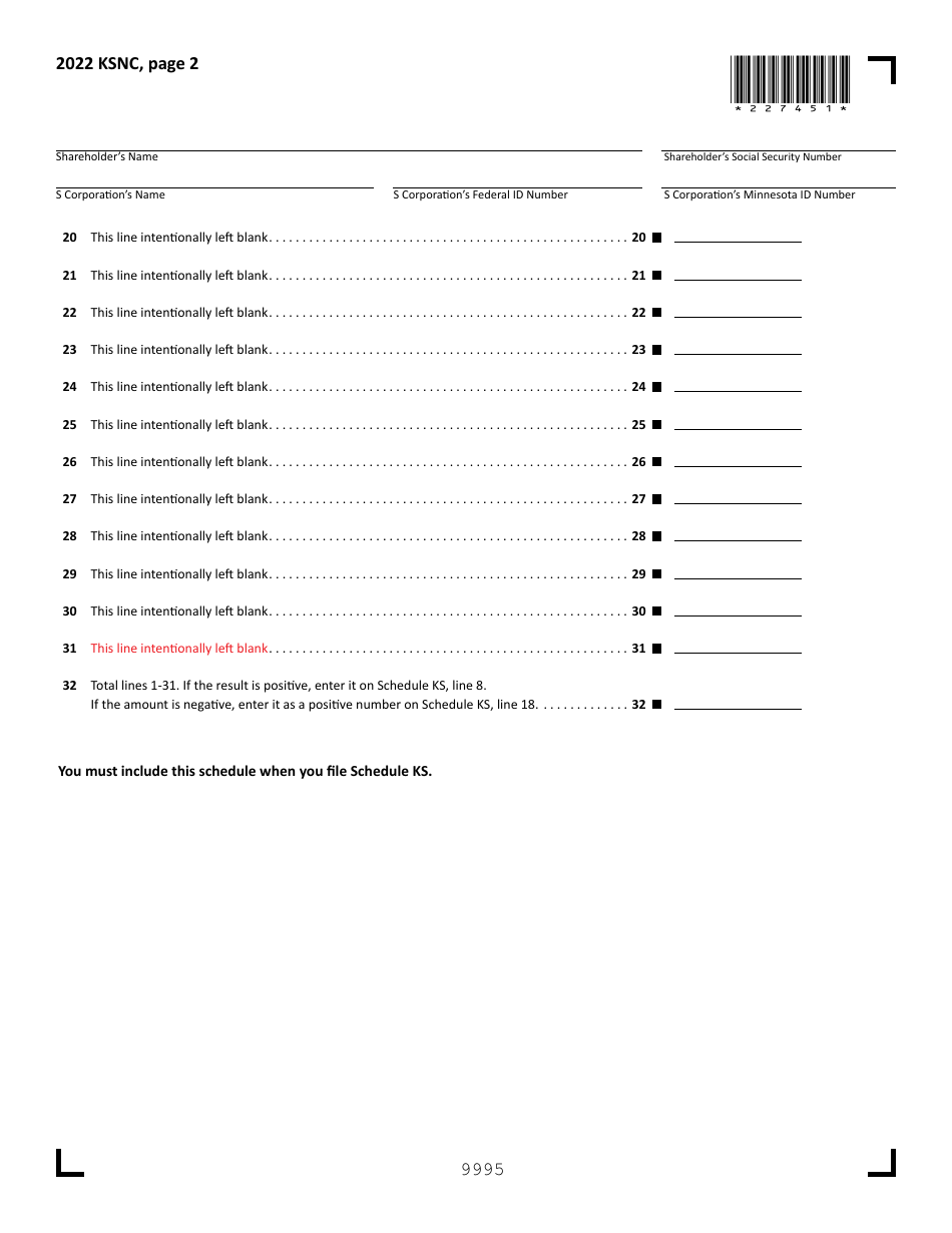Schedule KSNC Federal Adjustments - Minnesota, Page 2