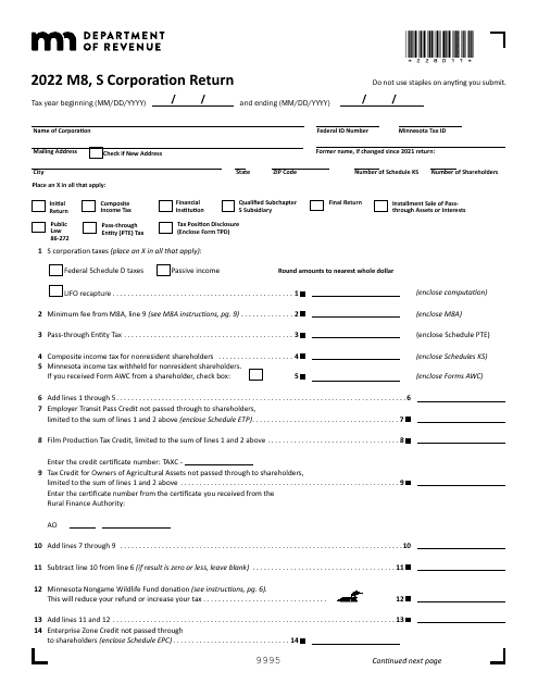 Form M8 S Corporation Return - Minnesota, 2022