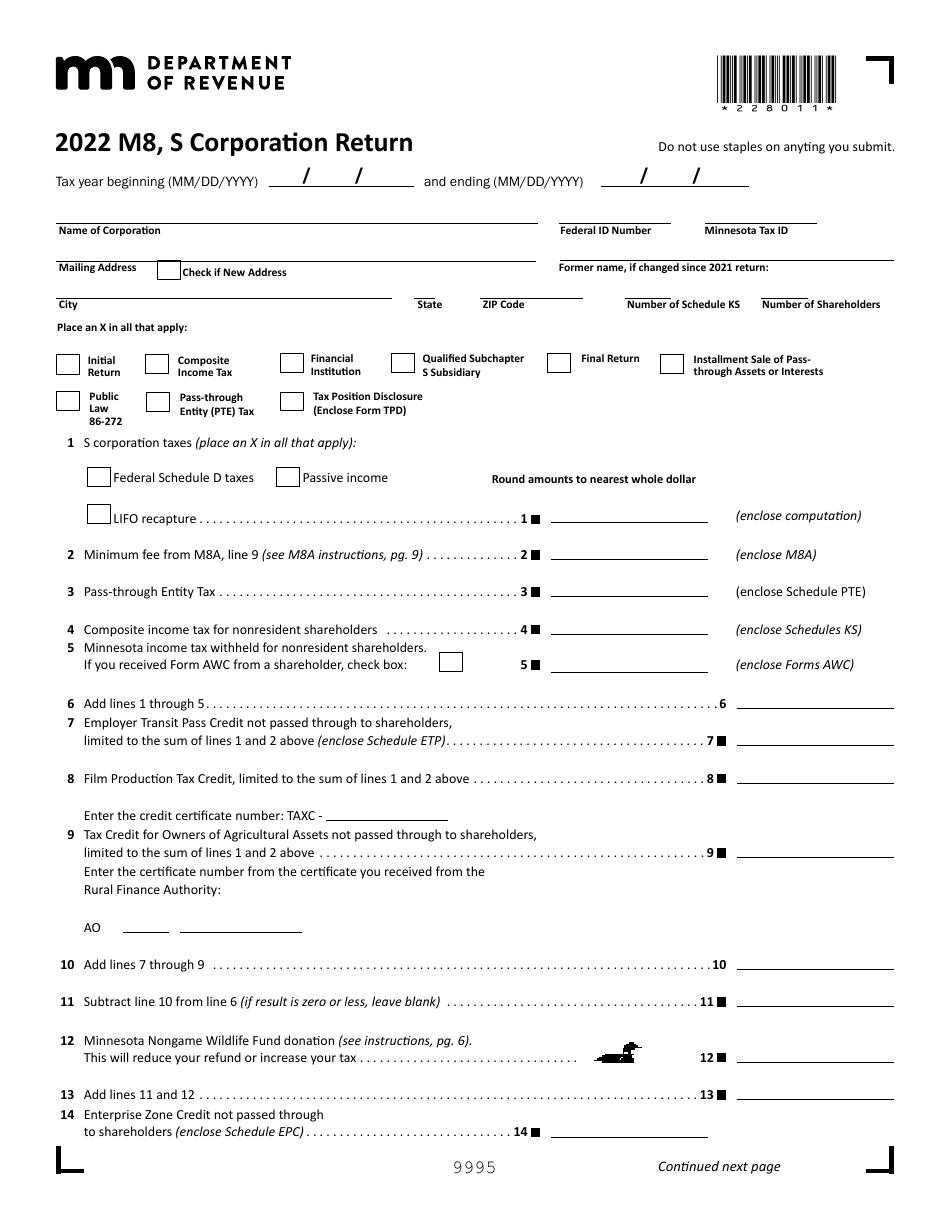 Form M8 S Corporation Return - Minnesota, Page 1