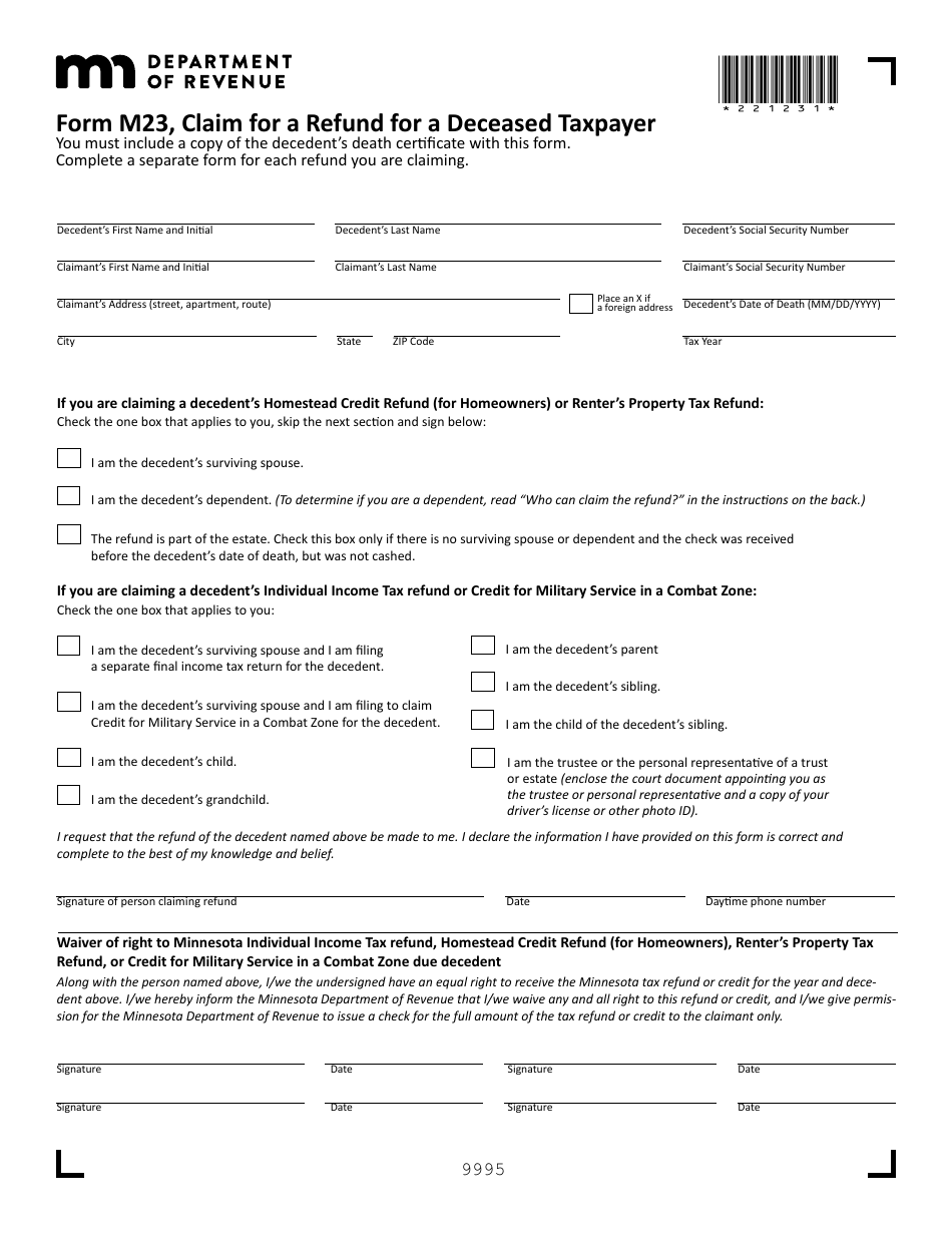 Form M23 Claim for a Refund for a Deceased Taxpayer - Minnesota, Page 1