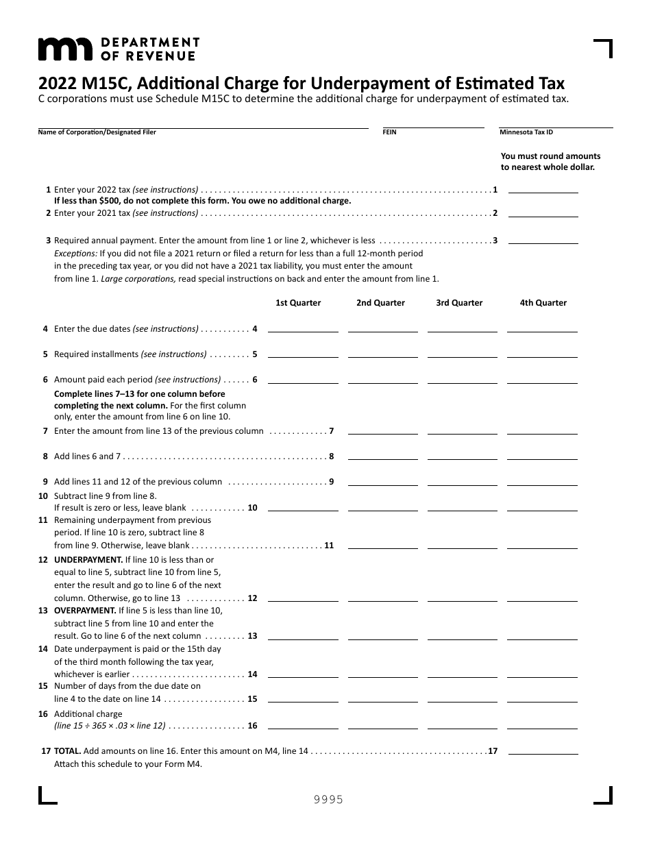 Form M15C Additional Charge for Underpayment of Estimated Tax - Minnesota, Page 1