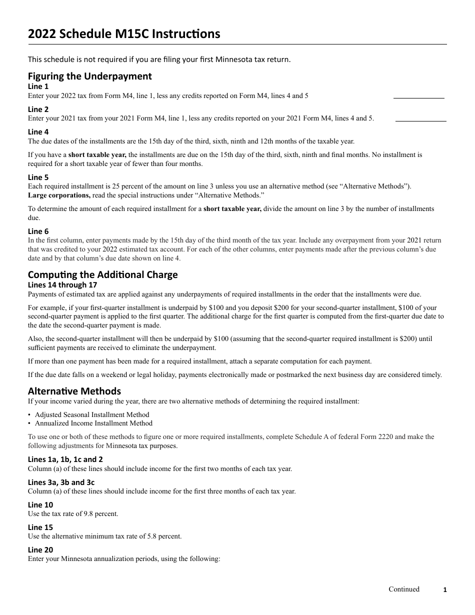 Form M15C Additional Charge for Underpayment of Estimated Tax - Minnesota, Page 2