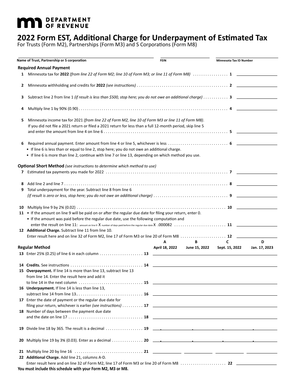 Form EST Additional Charge for Underpayment of Estimated Tax for Trusts (Form M2), Partnerships (Form M3) and S Corporations (Form M8) - Minnesota, Page 1
