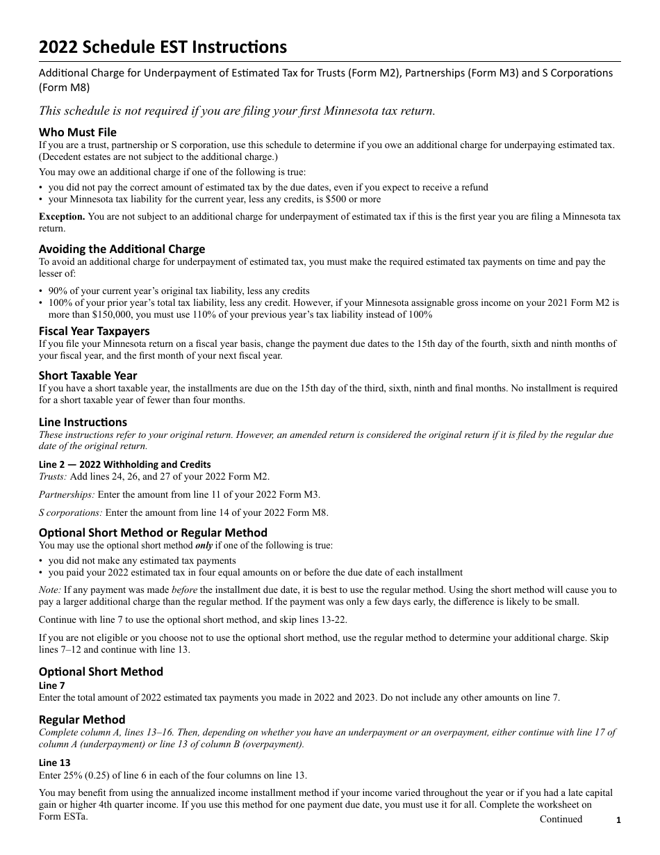 Form EST Additional Charge for Underpayment of Estimated Tax for Trusts (Form M2), Partnerships (Form M3) and S Corporations (Form M8) - Minnesota, Page 3