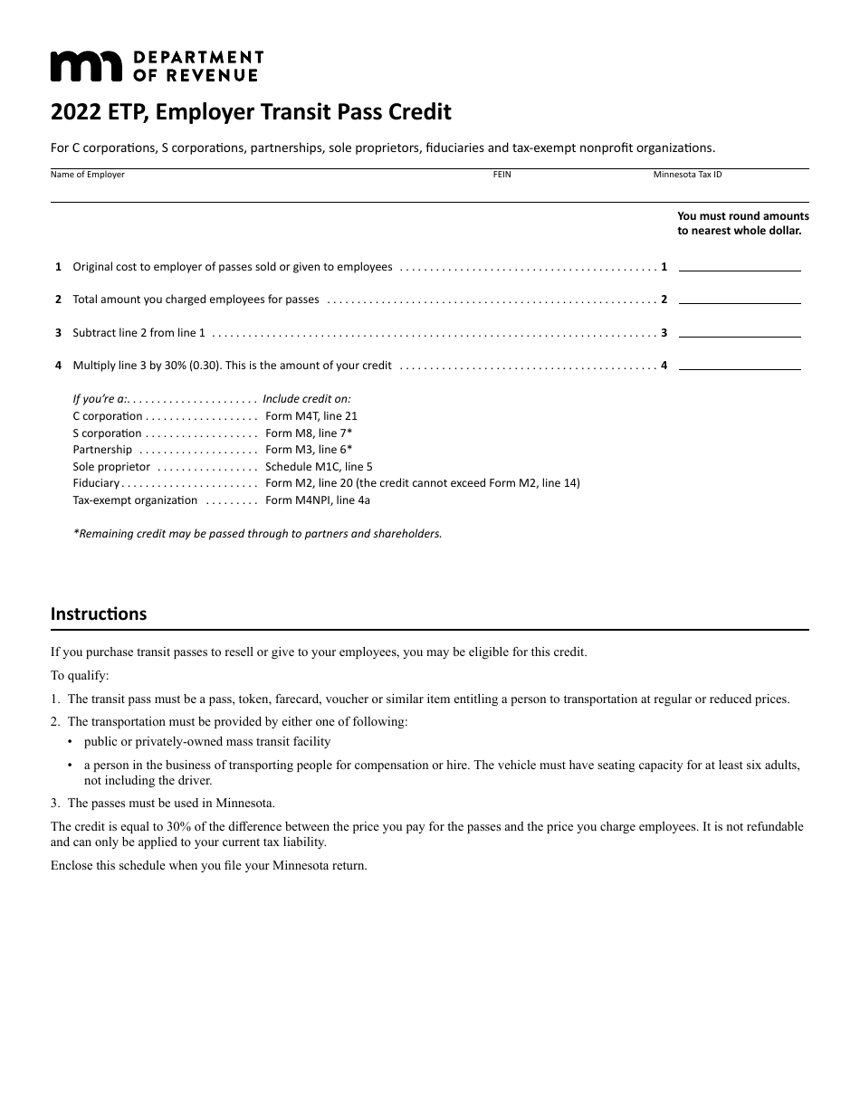 Form ETP Employer Transit Pass Credit - Minnesota, Page 1